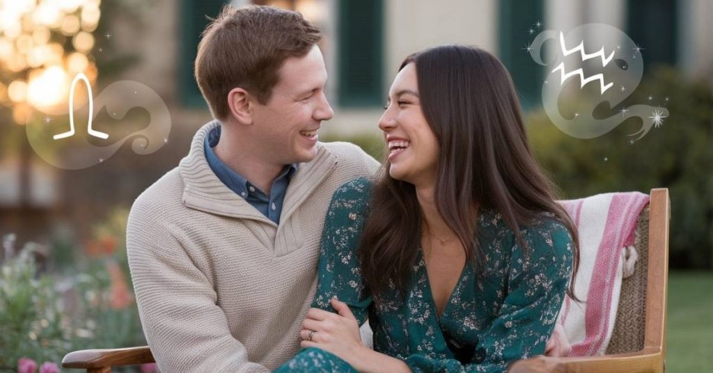 A diverse happy couple laughing on a date with subtle astrological symbols in the blurred background.