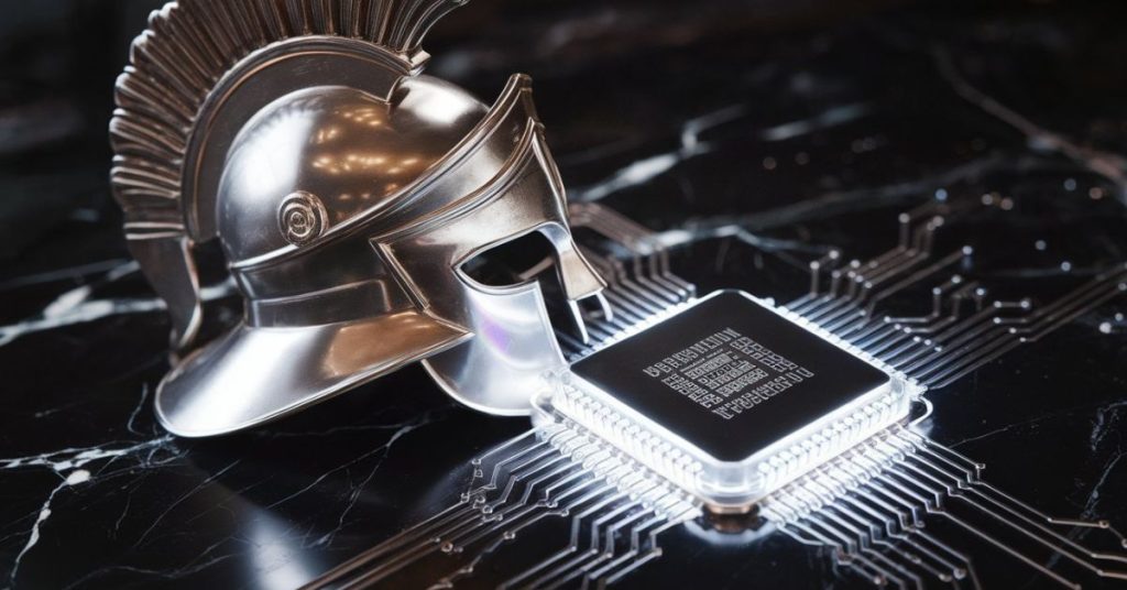 High-tech computer chip with glowing Athenian helmet representing Pallas-Uranus fusion
