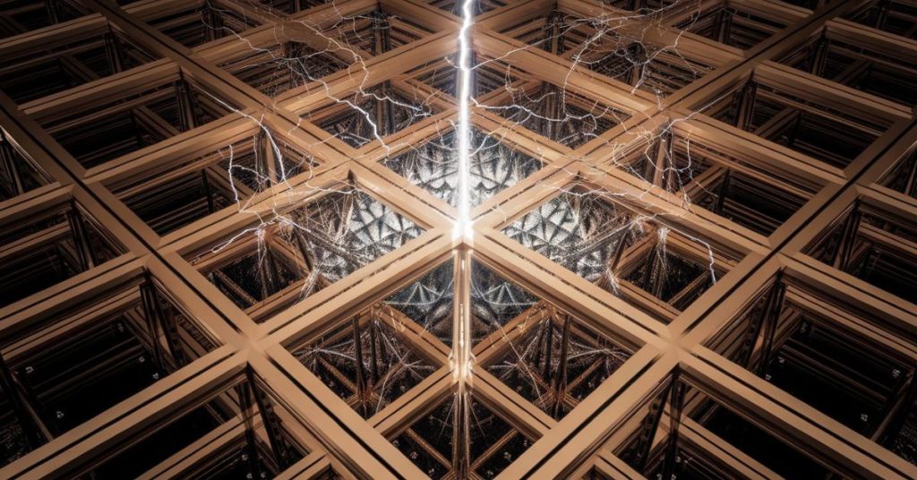 Abstract lightning bolt striking a golden geometric grid representing strategic breakthrough